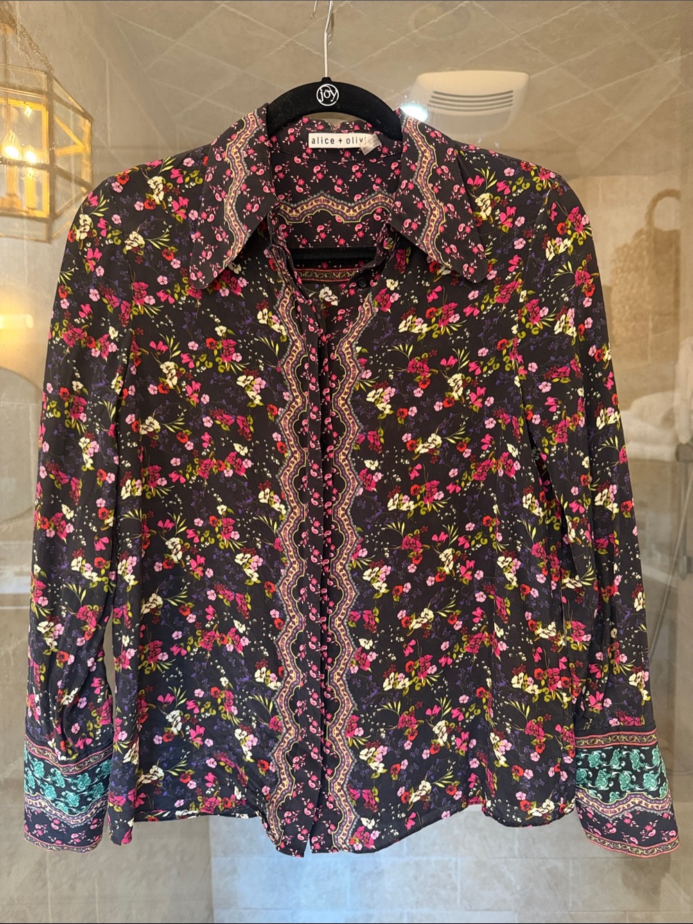 Alice + Olivia Black Floral Button-Front Blouse
